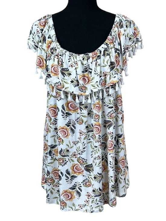 Fever Tops - Fever Green Orange White Peasant Off Shoulder Tassel Detail Top Size L